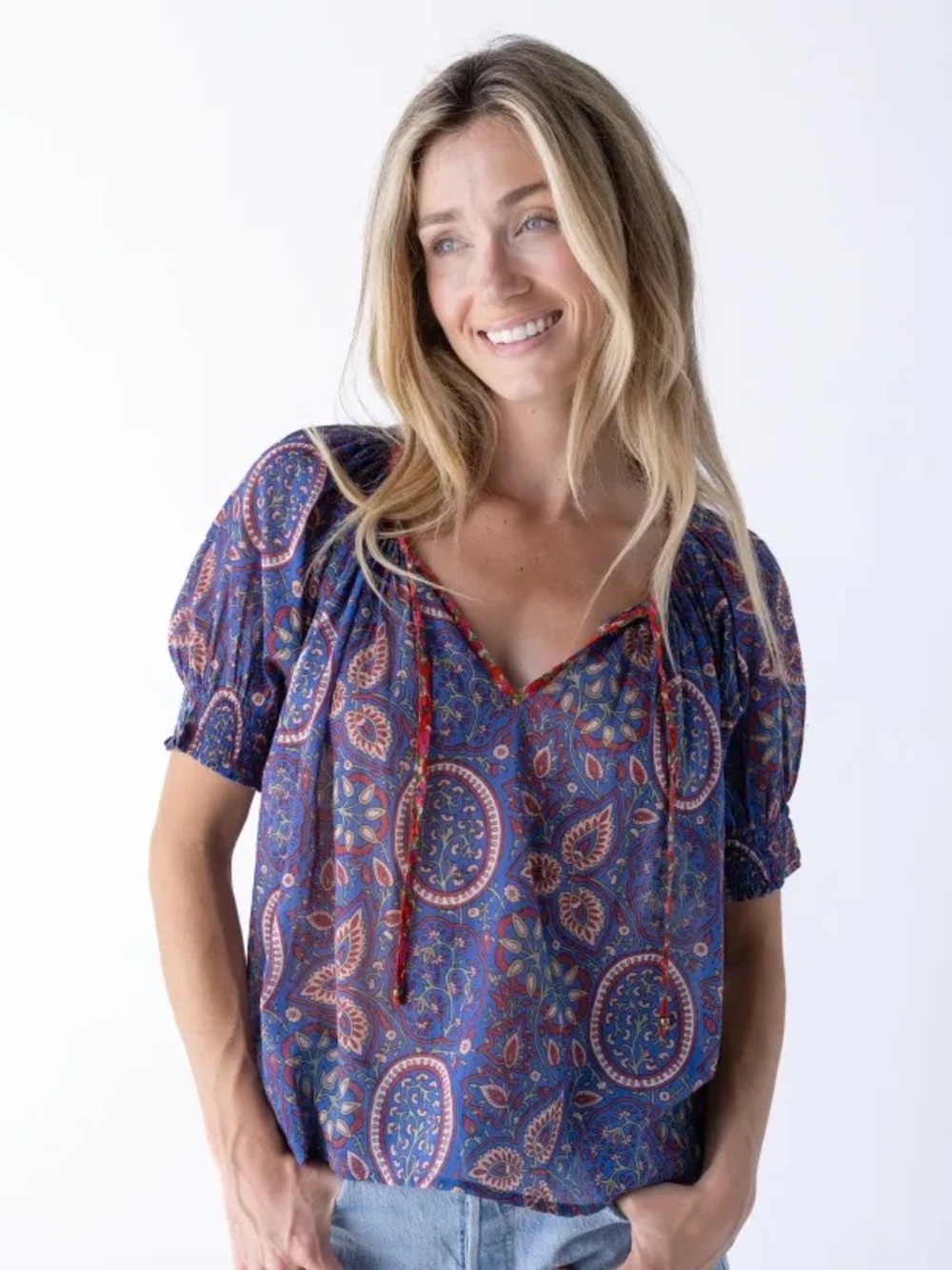 NATURAL LIFE Blue Paisley Peasant Blouse with Red Trim
